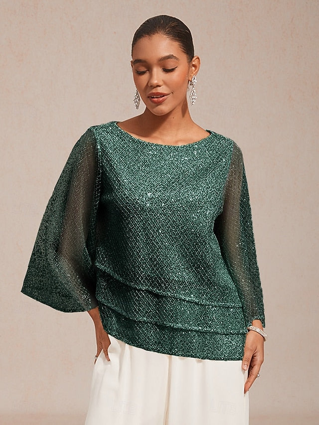 Women's Lace Tops Sequins Illusion Solid Color Elegant