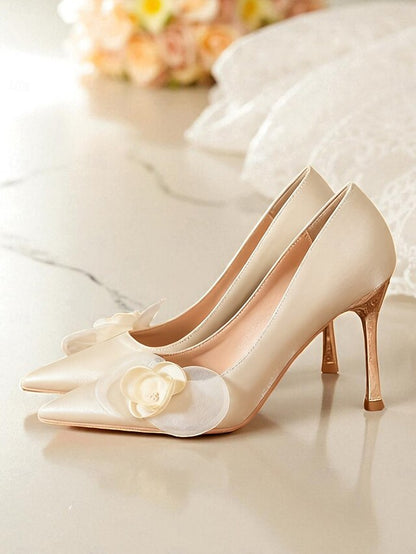 - Women's Elegant Heels Wedding Pointed Satin Ivory Floral