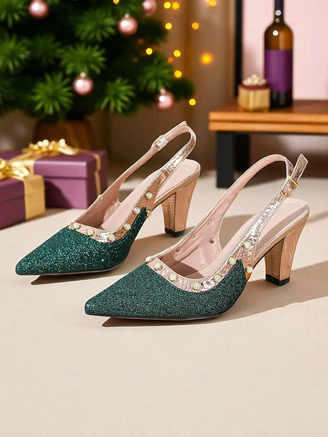 Slingback Gold High Strap Women's with Glitter Green Heels