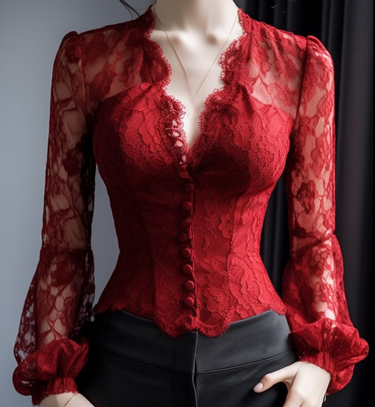 Slim Fit Red V Neck Hollow Out Lace Top Flare Sleeve AL1041