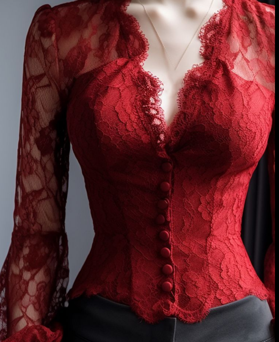 Slim Fit Red V Neck Hollow Out Lace Top Flare Sleeve AL1041