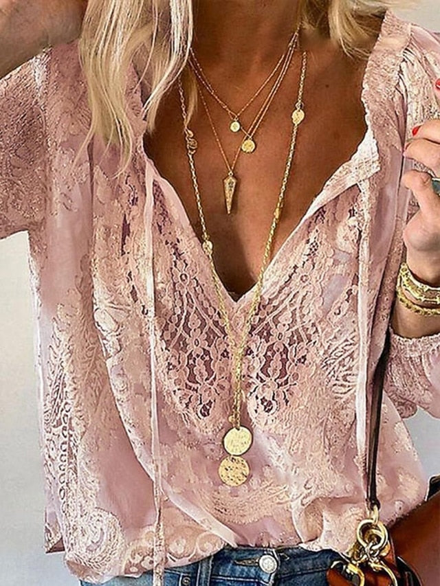 Women's Boho Lace Blouse V Neck Long Sleeve Casual