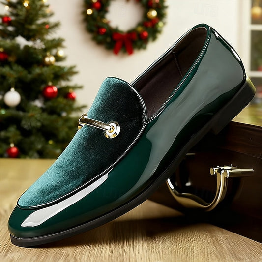 Decorative Loops Gold Faux Men's Green Leather with Loafers