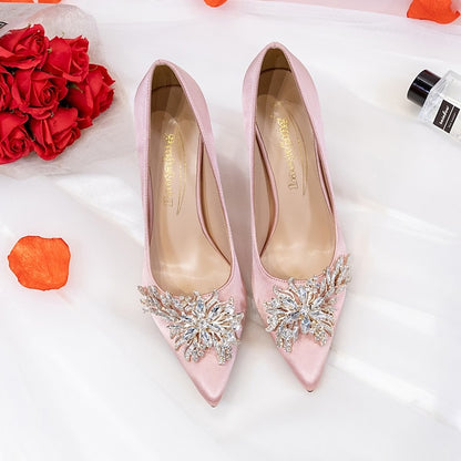 Satin Elegant Heels High – Rhinestone Pink Women's