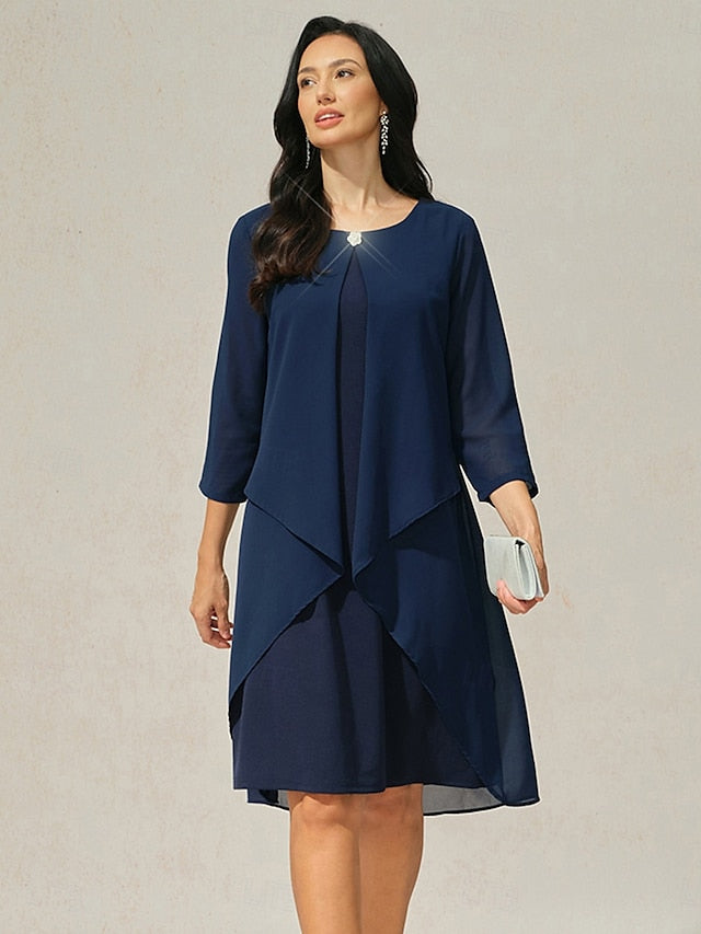 Women's Evening Dress Cape Sleeve Knee-Length Elegant Green