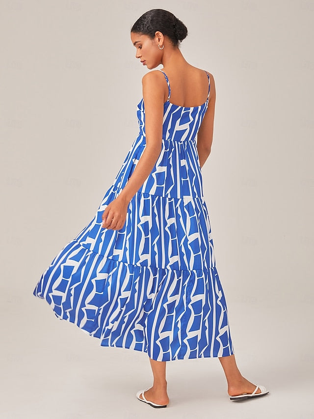 Blue Geometric Pattern Spaghetti Strap Dress
