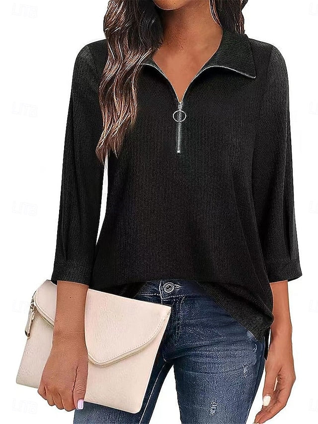 Women's Polo Shirts Patchwork Zipper Solid Color Basic