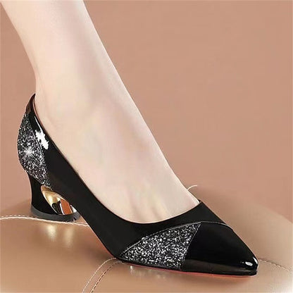 Glitter-Accented Heels Block Patent Leather Faux Women's