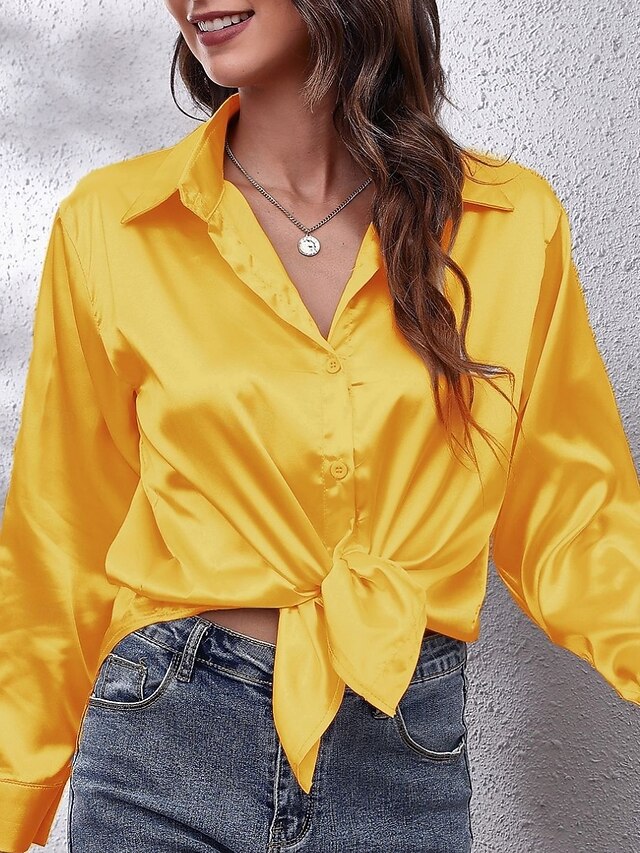 Women's Shirt Elegant Dressy Satin Top Buttons Solid Color