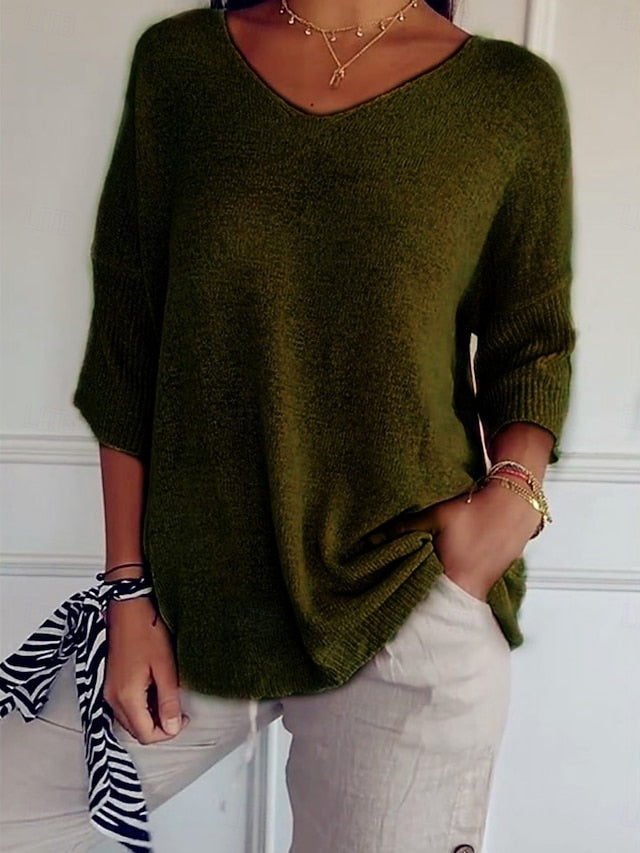 Women's Blouse Solid Color Basic Casual 3/4 Length Sleeve V