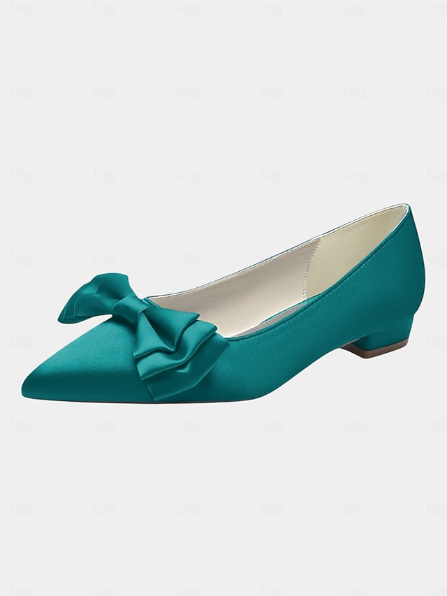 - Bow Satin Flats Women's Pointed Toe Green Elegant