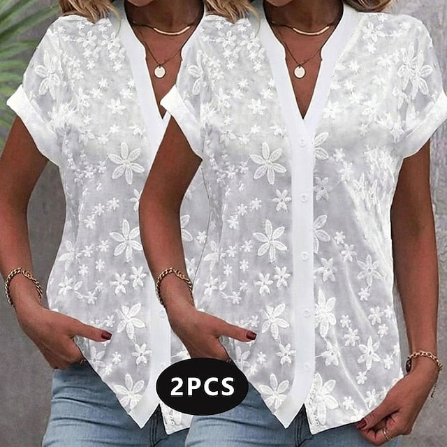 Multi Packs 2pcs Women's V Neck Short Sleeve White Shirt