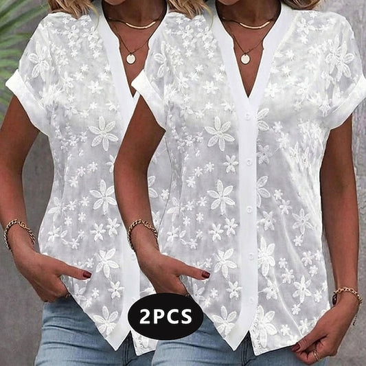 Multi Packs 2pcs Women's V Neck Short Sleeve White Shirt