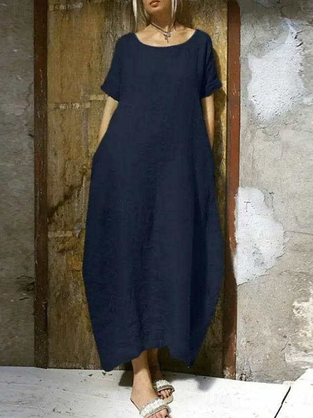 Women's Maxi Dress Faux Cotton Linen Casual Dress Basic