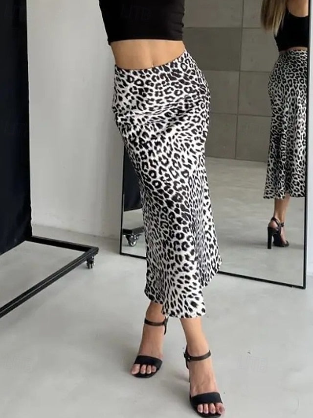 Women's Fashion Sexy Maxi High Waist Skirts Leopard Ruched