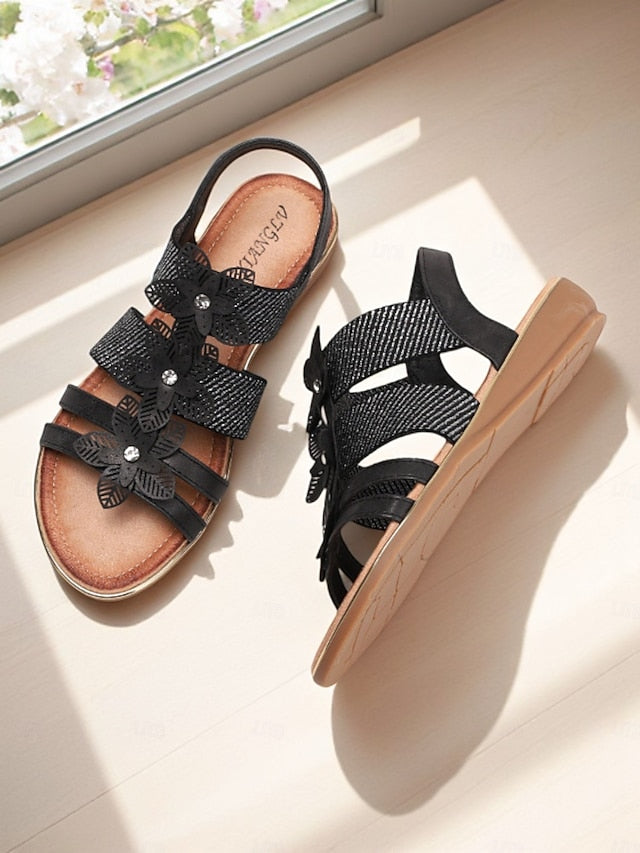 Floral Rhinestone Sandals Flat Women's Beige – Elegant