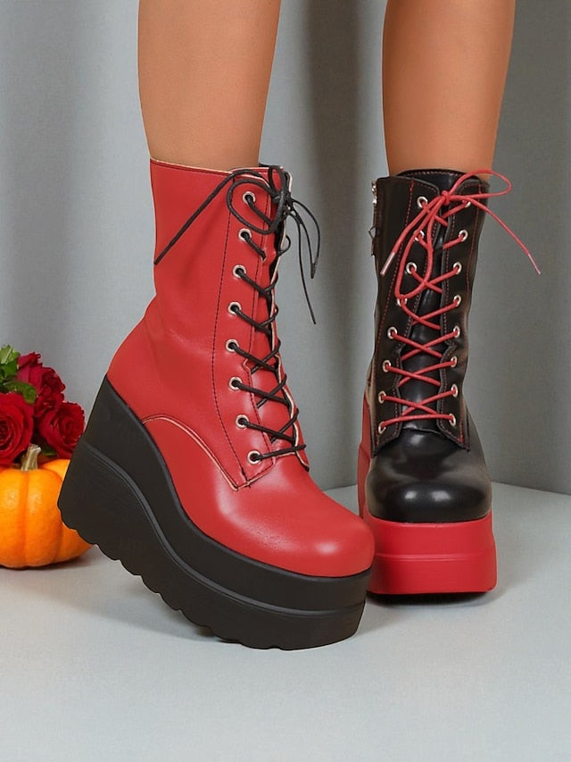 Red and Lace-Up Bold Boots Women's Platform Ankle - Black