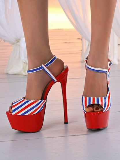 Platform Red White Striped and Blue Stiletto Heels Women's