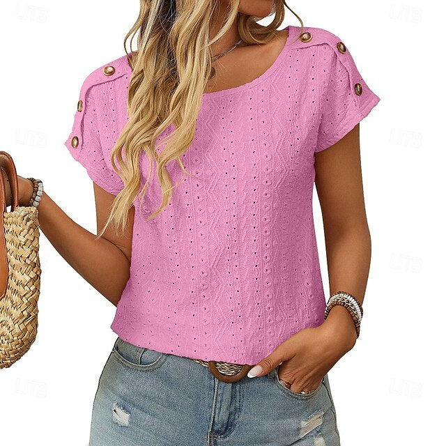 Women's T Shirt Eyelet Embroidery T Shirts Patchwork Eyelet