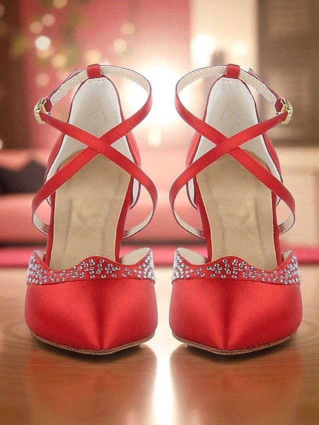 Women's Shoes Toe Closed Dance Satin Red Ballroom Cross -