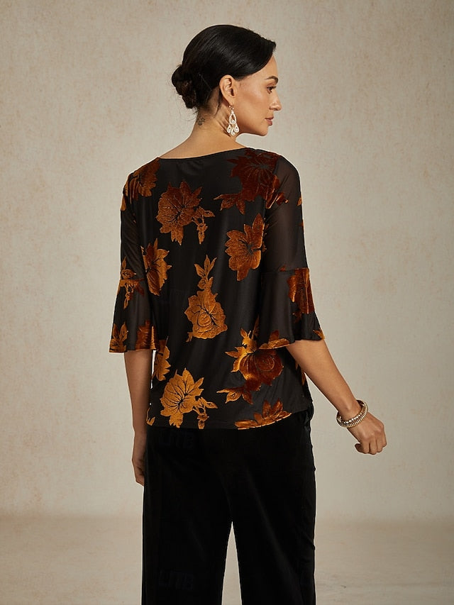 Women's Blouse Dressy Tops Velvet Floral Elegant Stylish