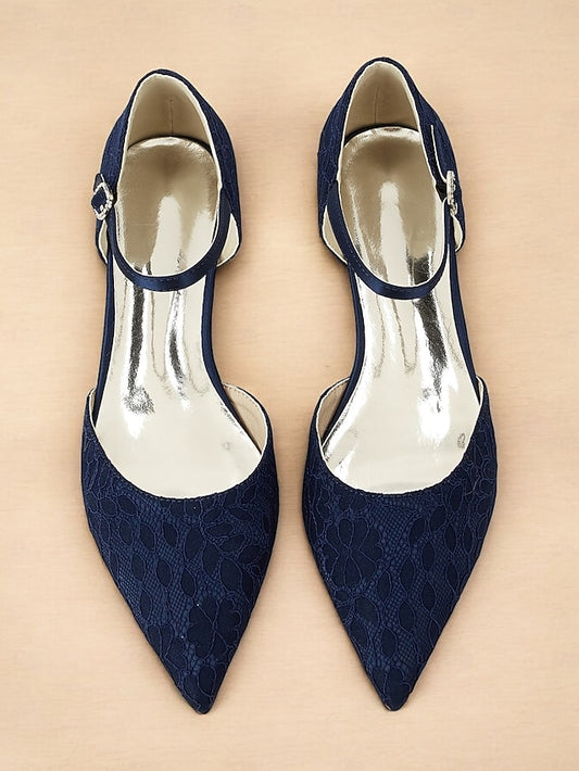 Blue Lace Strap Women's Navy Flats with Pointed and Ankle