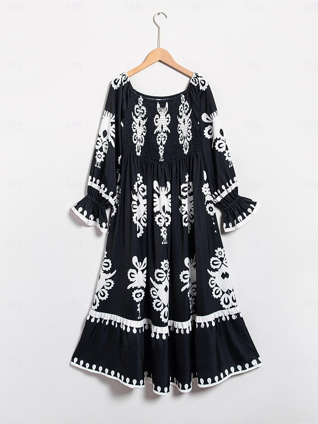 Geometric Print Off Shoulder Midi Satin Dress