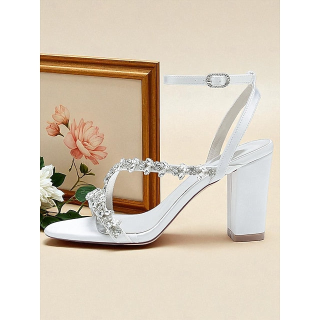 Rhinestone Women's Straps Block Heel - White Sandals with