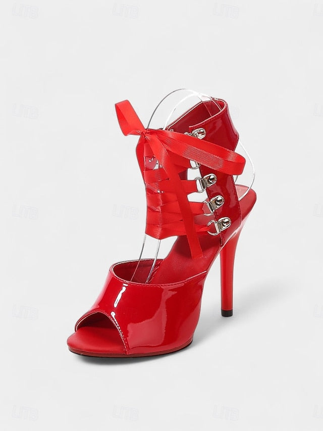 Women's Sexy - Patent Stiletto Lace-Up Sandals Cutout Black