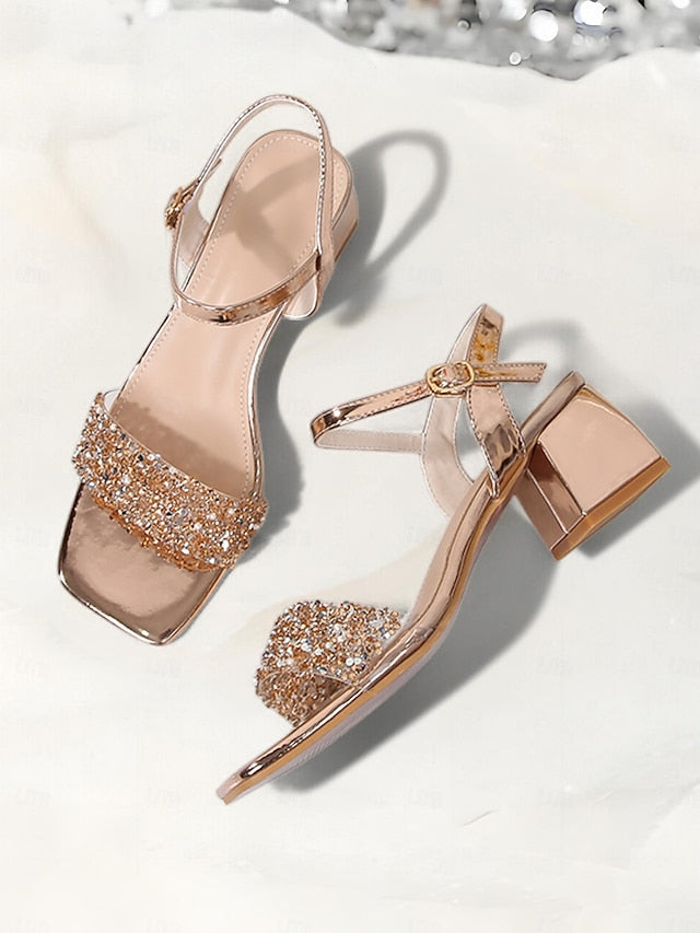 Gold Block Wedding Heel Rhinestone for Sandals – Women Elegant