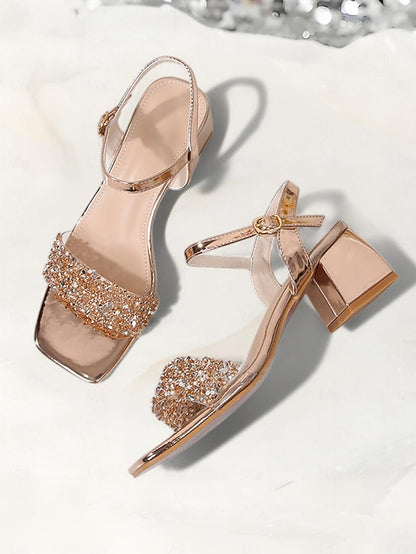 Gold Block Wedding Heel Rhinestone for Sandals – Women Elegant