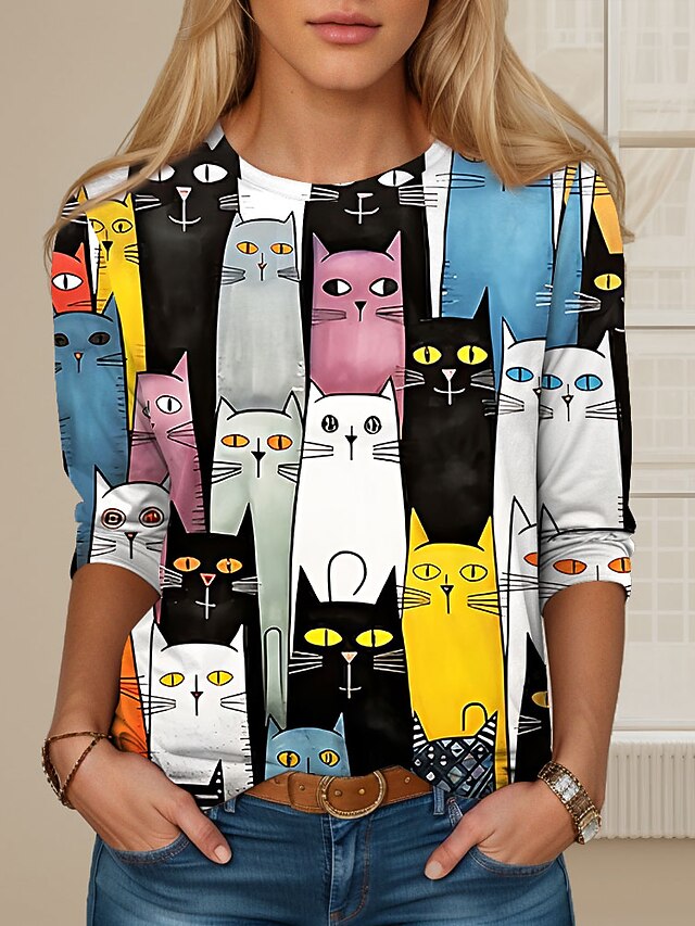 Women's T shirt Long Sleeve Crew Neck Long Sleeve Tunic Cat