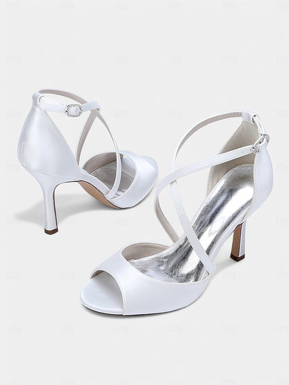 Cross-Strap Peep-Toe – Elegant White Satin Heels Women's