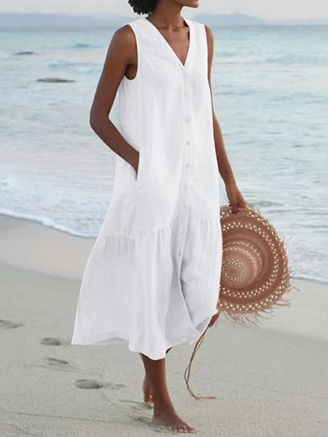Women's linen like Midi Dress Shift Dress Summer Dress
