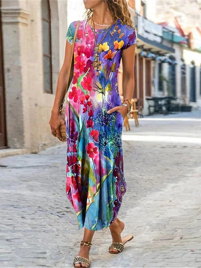 Women's Floral Dress Sleeveless Midi Casual Flowy Summer