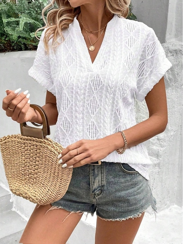Women's T Shirt Eyelet Plain Fashion Modern Casual Short