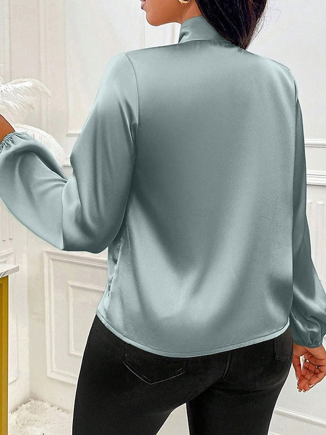 Women's Shirt Elegant Dressy Satin Top Bow Solid Color
