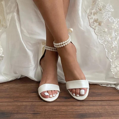Anklet Pearl - White Block with Wedding Sandals Satin and Heels