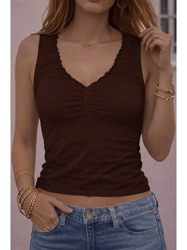 Women's Tank Top Slim fit top Ruffled Pleats Solid Color
