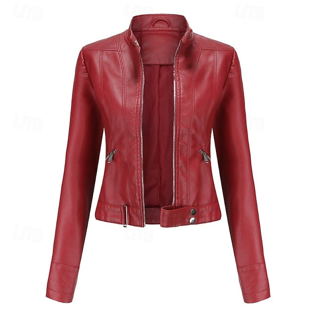 Faux Zipper Jacket Pocket Leather Women's Comfortable