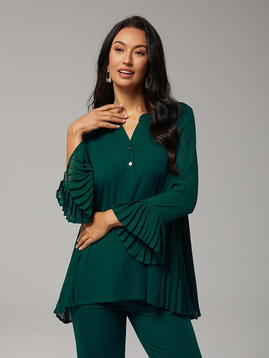 Women's Contrast Design Pleated TENCEL Roma Top Curved Hem