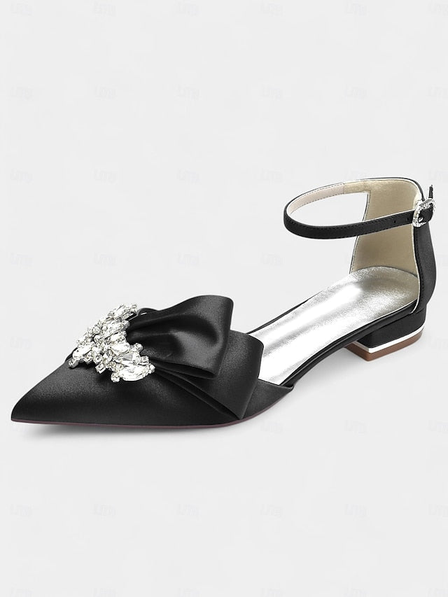 White Satin Rhinestone with and Ankle Pointed-Toe Bow Heels