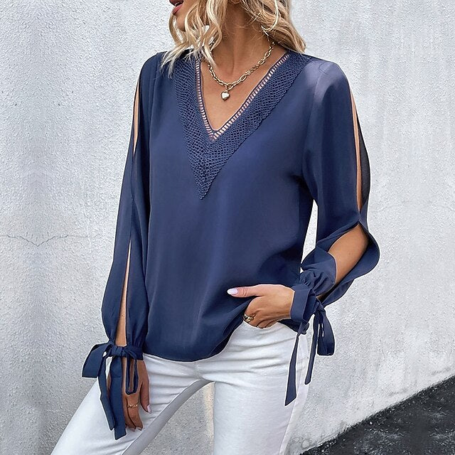 Solid Women's Top Cut Blouse Out Silky Tops Satin Elegant