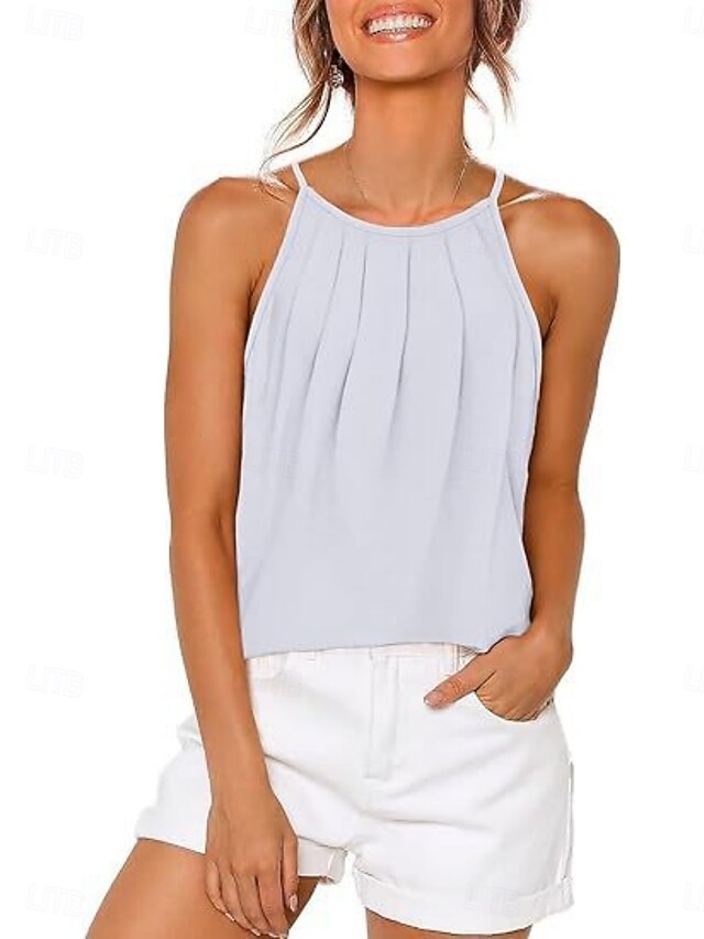 Women's Tank Top Sleeveless Shirt Tee Top Pleats Solid