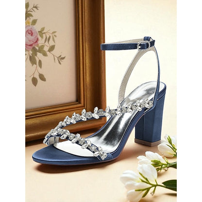 Rhinestone Women's Straps Block Heel - White Sandals with
