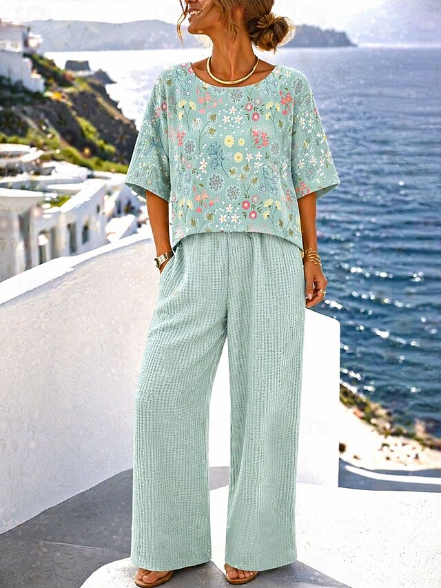 Women's Pants Sets Half Sleeve Round Neck Floral Graphic