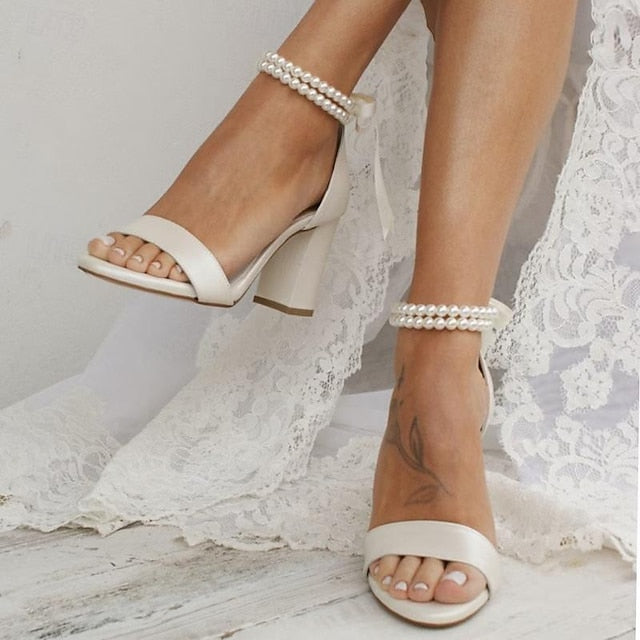 Anklet Pearl - White Block with Wedding Sandals Satin and Heels