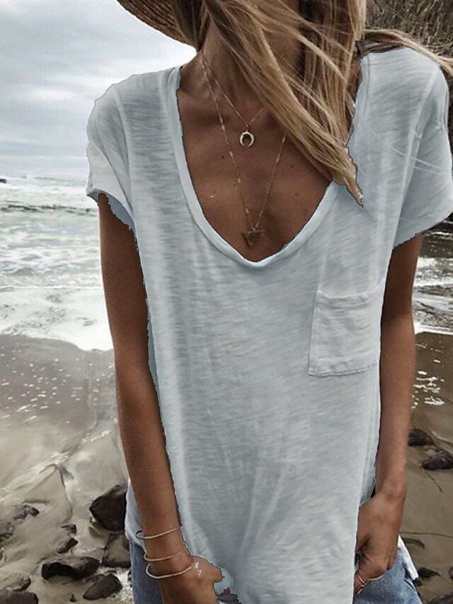 Women's T Shirt Pocket Plain Basic Short Sleeve V Neck
