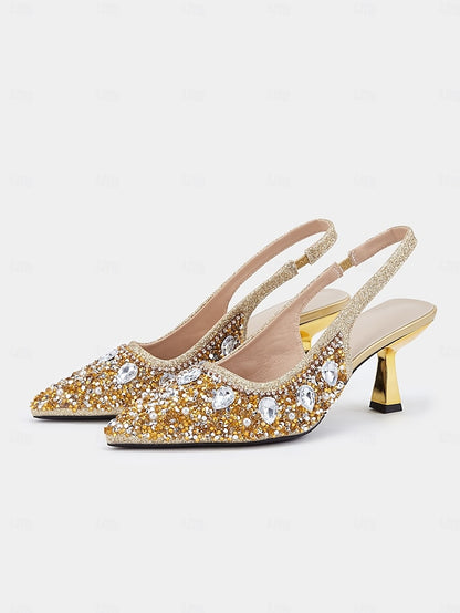 Women's Slingback Heels with Rhinestone Pearl Gold