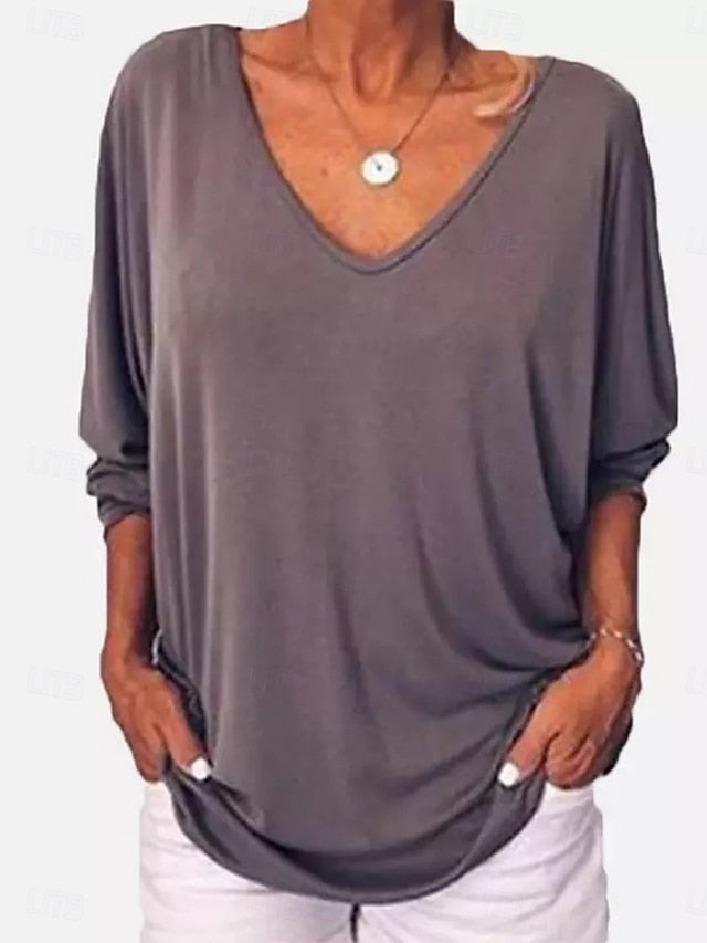 Women's T-Shirt  Solid Color Stylish Casual Long Sleeve V
